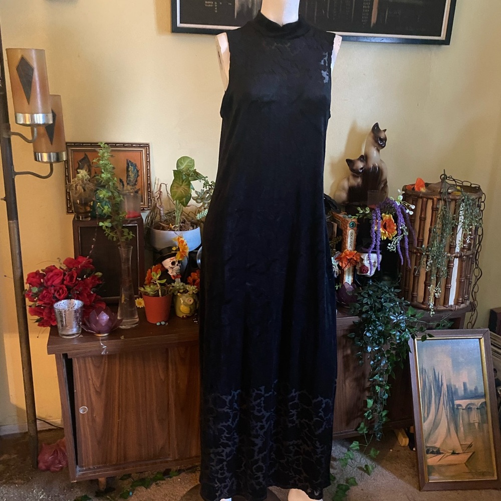 Long Black velvet floral sheer neckline hem gown dress vampira gothic burnout